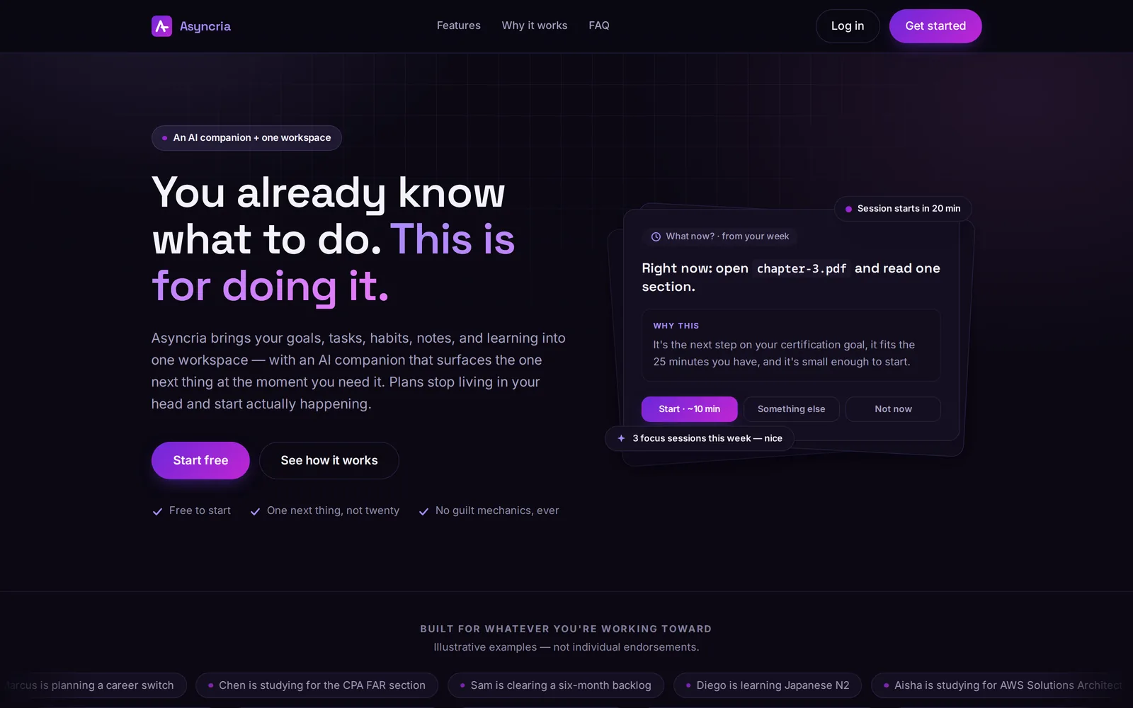 Asyncria landing page — an AI companion card suggesting the single next action from your week