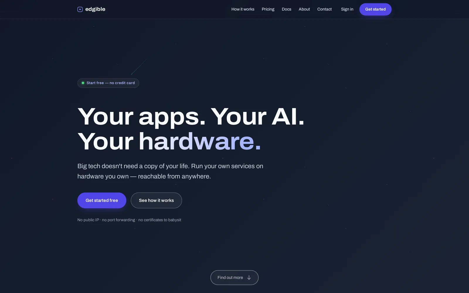 The Edgible site — 'Your apps. Your AI. Your hardware.' over a dark starfield